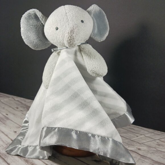 Cloud Island Baby Lovey Gray Elephant Plush Satin-Lined G/W Striped Blanket 14" - Picture 4 of 13